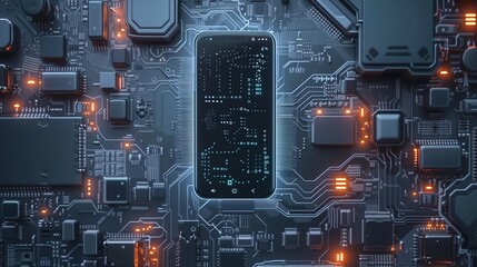 Wall Mural - Futuristic smartphone on a complex circuit board with glowing elements and data visualization.