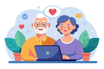 Aufkleber - Woman Couple Senior Man Happy Internet Love Laptop Call Video Communication Online Together Mature Active Elderly Retirement Computer Connection Two Using Modern Flat Design Simple Vector Illustration
