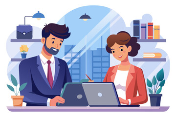 Aufkleber - laptop woman business computer smartphone mobile phone office businesswoman teamwork businessman man couple team together partner love modern flat design simple vector illustration isolated