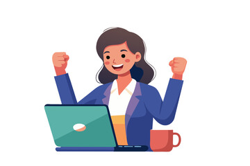 Aufkleber - laptop woman girl business technology computer working office businesswoman home success celebrating internet work entrepreneur online home office modern flat design simple vector illustration