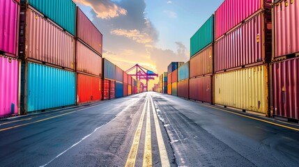 Sticker - A vibrant shipping container terminal with stacks of colorful containers under a sunset sky.