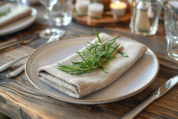 A linen napkin is placed on a rustic plate, garnished with a sprig of rosemary. The table setting includes a fork, knife, and spoon, as well as a linen napkin. The plate is placed on a wooden table.