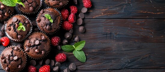 Wall Mural - Chocolate muffins or cupcakes with chocolate chips on a dark wooden surface accompanied by fresh berries and mint leaves. Space for text.