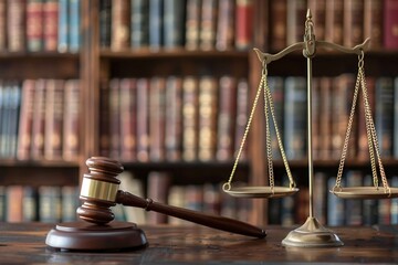 Wall Mural - Gavel, scales of justice and books on a wooden table 