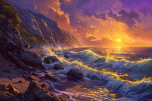 A Picturesque Coastal Scene With Rocky Cliffs And Crashing Waves, As The Sun Sets And Paints The Sky In Shades Of Orange And Purple.