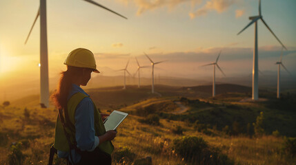 Poster - Close-up: Analyst with tablet amidst wind turbines, analyzing data.