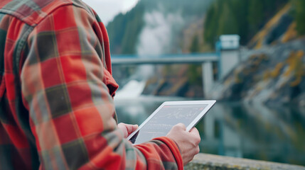 Poster - Close-up: Analyst with tablet, hydro station in background, analyzing hydro data.