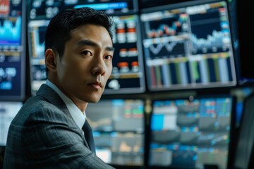 Poster - attentive male financial analyst in a sharp suit looks over with determination, surrounded by multip