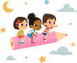 Multicultural Funny Kids Flying On Colorful Pencil. Imagination And Cognition Concept. Clouds And Stars in the Background.