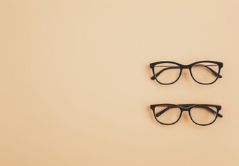 Poster - Minimalist summer fashion: 2 eyeglass pairs on beige. Trendy still life for optic store sale