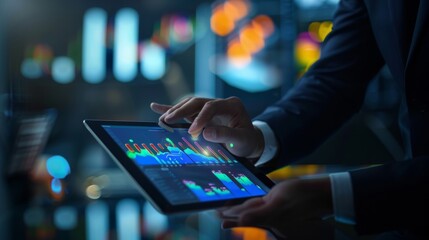 Poster - A businessman analyzing a business graph on a digital tablet, depicting growth trends and financial performance.