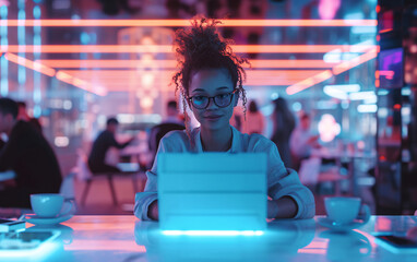 Young woman freelancer using laptop in neon light futuristic cafe, digital nomad remote work