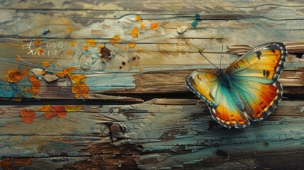 Aufkleber - A butterfly delicately resting on a wooden branch, its vibrant colors contrasting against the natural wood texture.