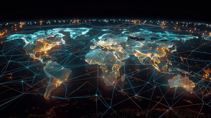 Aufkleber - A digital world map with lines of communication connecting continents, illustrating seamless global connectivity without borders.