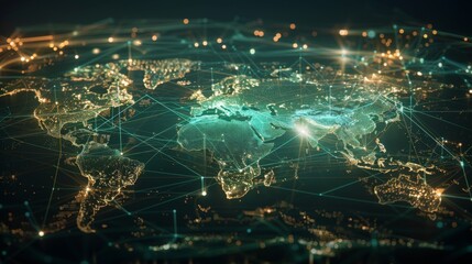 Poster - A digital world map with lines of communication connecting continents, illustrating seamless global connectivity without borders.