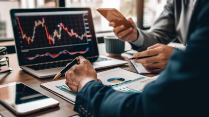 Poster - A financial planner discussing retirement savings strategies with clients, using a graph to illustrate long-term investment growth potential.