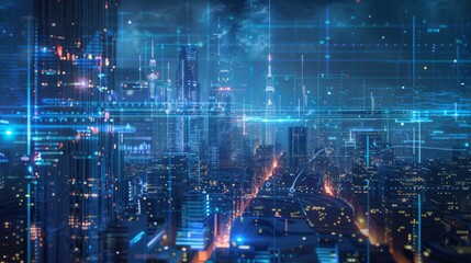 Fototapete - A futuristic city skyline with holographic communication displays, representing advanced technology erasing physical borders.