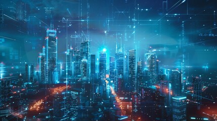 Fototapete - A futuristic city skyline with holographic communication displays, representing advanced technology erasing physical borders.