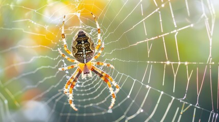 Poster - A garden spider spinning silk threads to construct its web, a mesmerizing display of instinctive behavior and architectural precision.