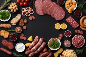Wall Mural - 'assortment salami snacks sausage fouet sausages paperoni black wooden background top view free space your text cheese food meat ham italian cold snack dinner pork antipasto delicious board lunch'