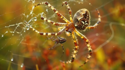 Poster - A macro shot of a garden spider capturing prey in its sticky web, demonstrating the efficiency of its hunting strategy in the natural world.