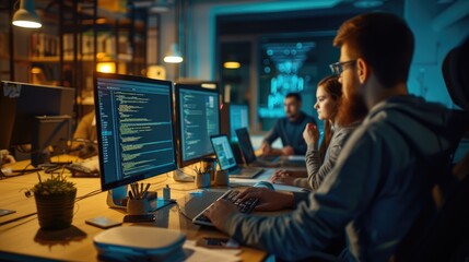 Poster - programmer working with software development and data coding in office aig41