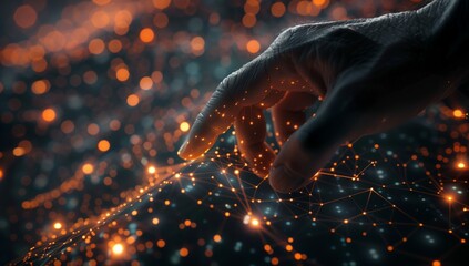 Leinwandbilder - Hand touching digital network Points to the center of the web with orange light lines and dots on a dark background. Digital technology concept, human network control