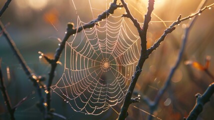 Poster - A spider weaving its intricate web between wooden branches, glistening with dewdrops in the soft light of dawn.