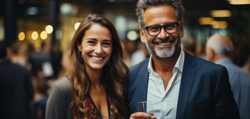 Smiling man and woman enjoying a social event together