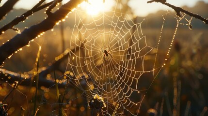 Poster - A spider weaving its intricate web between wooden branches, glistening with dewdrops in the soft light of dawn.