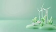 A 3D rendering of a green field with white wind turbines