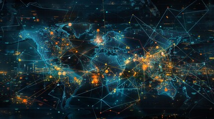 Aufkleber - A world map with lines of communication connecting cities and countries, illustrating the interconnectedness of global communication networks.