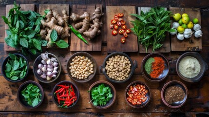 An array of colorful Thai spices and herbs arranged on a wooden table, essential ingredients for making flavorful tom yum goong soup.