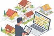 house search man choosing home laptop table closeup different buildings real estate variations property housing market online digital technology illustration vector concept business 