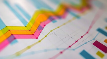 Poster - Close-up of a colorful line graph charting the progress of a business venture, illustrating success and achievement