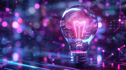 Neon light bulb glowing futuristic enviroment, Idea concept with copy space