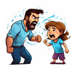 Angry adult man and scared child fight. Human conflict.