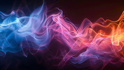 Wall Mural - Glowing waves and smoke in abstract birch pink, blue, and orange colors on black background. Concept Abstract Art, Glowing Waves, Smoke Effect, Birch Pink, Blue Orange, Black Background