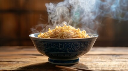 Wall Mural - Noodles with steam and smoke in bowl on wooden background, selective focus. Asian meal on a table, junk food concept