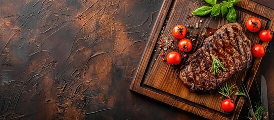 Wall Mural - Top view of grilled steak on a cutting board with empty space.