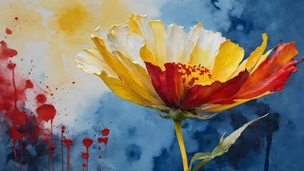 Wall Mural - painting of a yellow and red flower on a blue background with watercolors and a white background, Art & Language, abstract brush strokes, an abstract painting