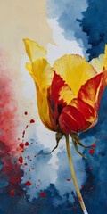 Wall Mural - painting of a yellow and red flower on a blue background with watercolors and a white background, Art & Language, abstract brush strokes, an abstract painting vertical orientation