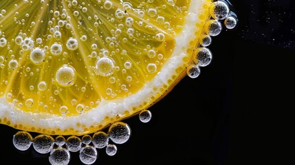 Poster - Slice of the lemon with bubbles on the black background