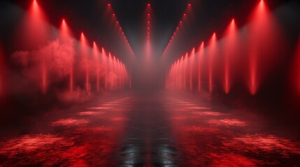 a red light is shining on a dark stage with water, ai
