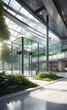 Interior architectural concept, entrance to a train station, airport, office center, modern Scandinavian luxury glass and metal, main entrance with fountain and interior green area