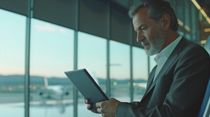 Wall Mural - A businessman reviewing documents on a tablet while waiting for a flight.