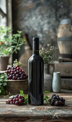 Canvas Print - A bottle of wine is on a table with a bunch of grapes