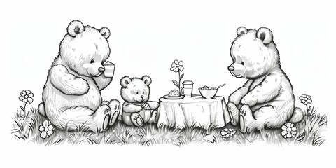 father and mother bears with their kid sits at grassy lawn near the table. cute summer picnic black 