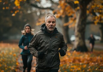 Poster - A man and a woman are running in a park