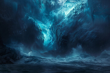 Wall Mural - An awe-inspiring view of an underwater cavern with stormy waves crashing against the entrance, casting a mesmerizing blue glow in the depths.